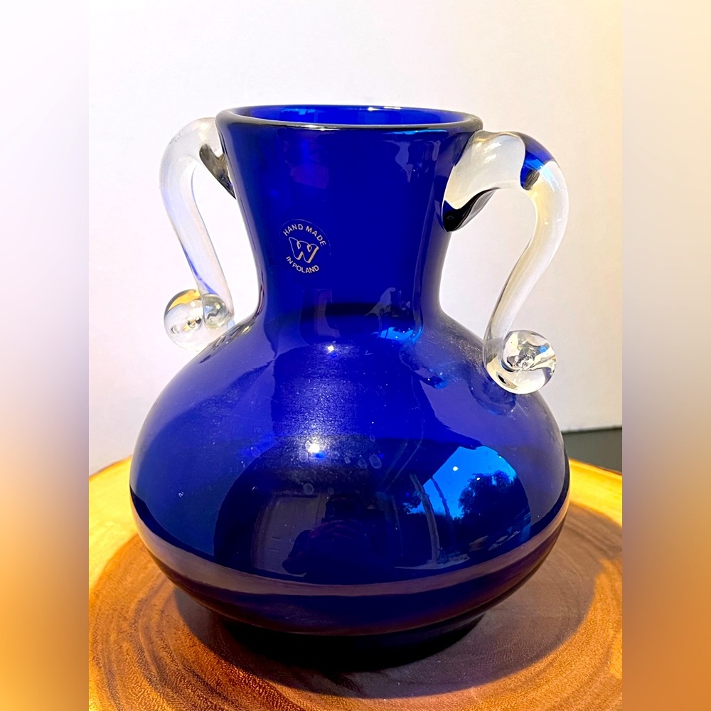 Vintage Handmade in Poland Vase by Wanda Imported. Covalt Blue, Clear Handles